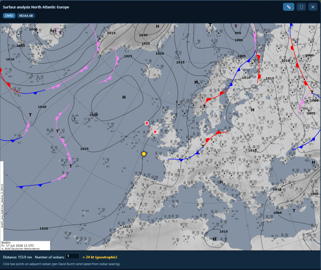 Meteorologische Bodenwetterkarten mit Bootsposition