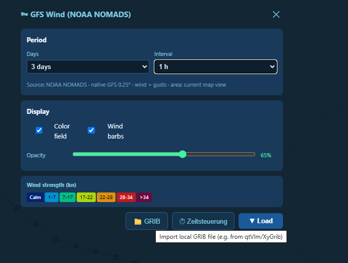 SextantFix: GFS-Wind-Dialog mit GRIB-Import-Schalter