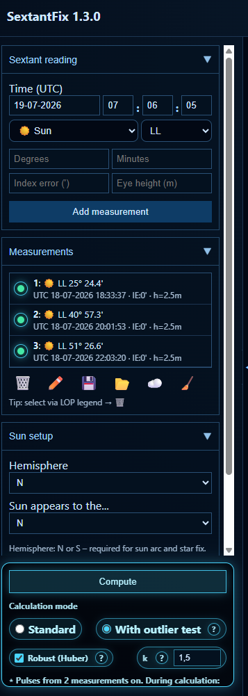 Eingabepanel Sextant reading mit Messungsliste