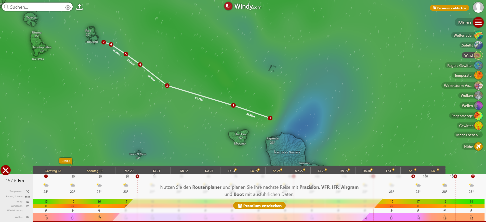 Windy.com mit geladener Route