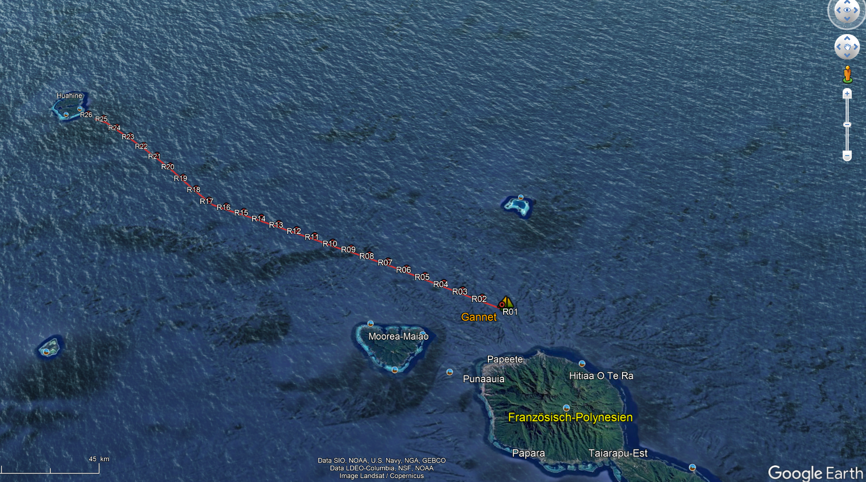 Google Earth mit übergebener Route und Bootsposition