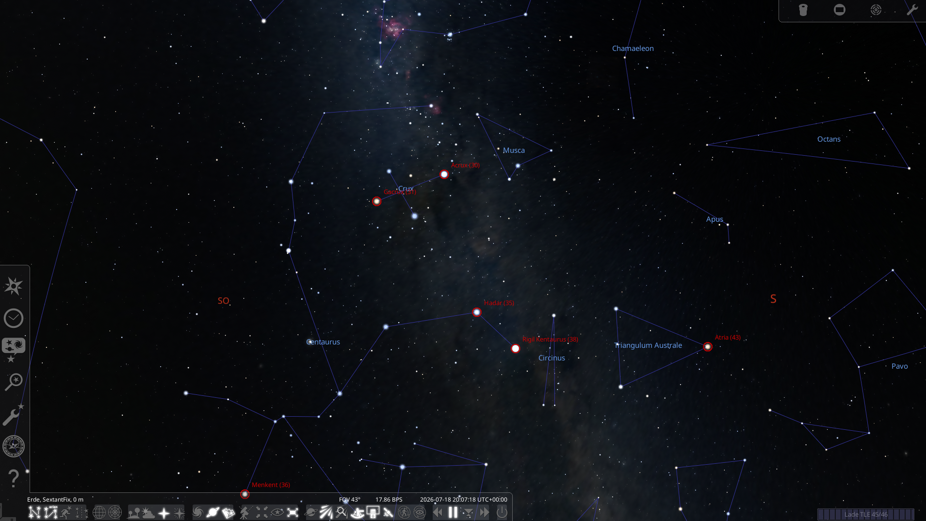 Stellarium mit angezeigten Navigationssternen über der Bootsposition