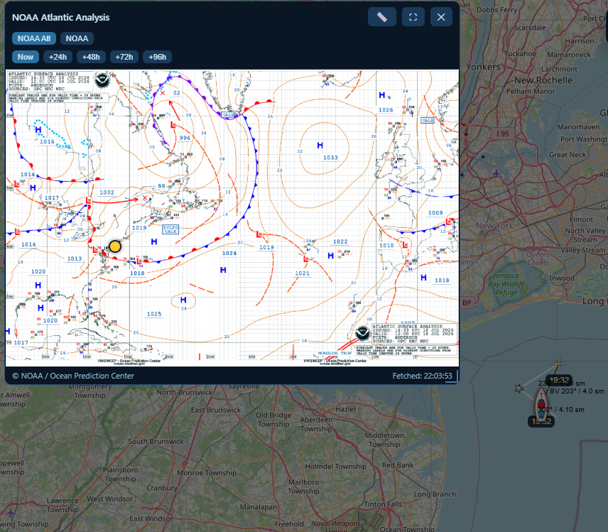 NOAA Atlantic Analysis mit Bootsposition