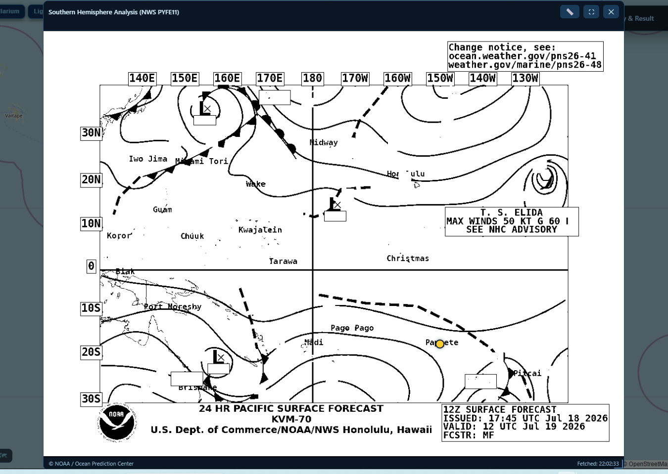 Southern Hemisphere Analysis (NWS PYFE11) mit Bootsposition